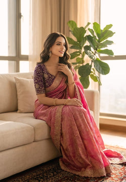 Grandiose Pink Fendy Chiffon Silk Sequence Embroidery Work Saree With Stitched Blouse