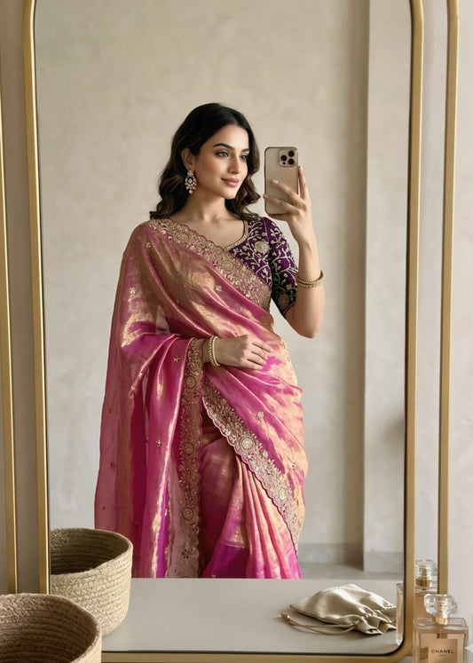 Grandiose Pink Fendy Chiffon Silk Sequence Embroidery Work Saree With Stitched Blouse