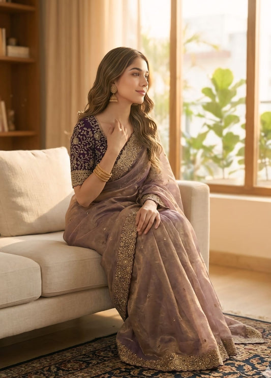 Glorious Royal Blue Fendy Chiffon Silk Sequence Embroidery Work Saree With Stitched Blouse