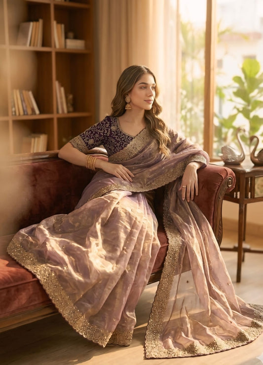 Glorious Royal Blue Fendy Chiffon Silk Sequence Embroidery Work Saree With Stitched Blouse