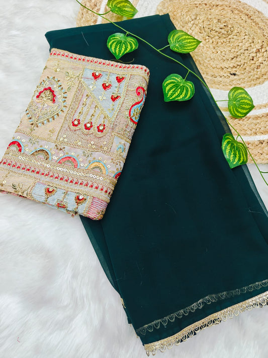 Devastating Dark Green Georgette Silk Saree With Embroidery Work Blouse Piece