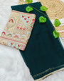 Devastating Dark Green Georgette Silk Saree With Embroidery Work Blouse Piece