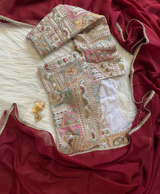 Fancifull Maroon Georgette Silk Saree With Embroidery Work Blouse Piece