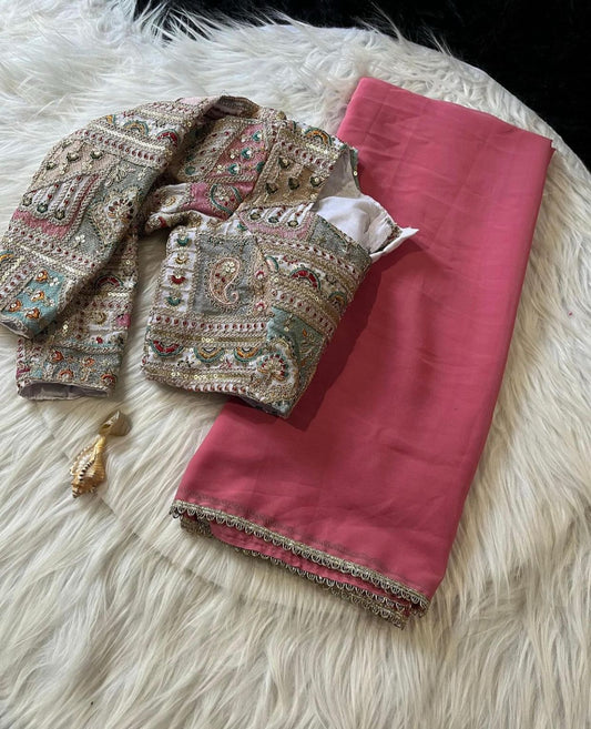 Scintilla Pink Georgette Silk Saree With Embroidery Work Blouse Piece