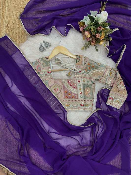 Snazzy Purple Georgette Silk Saree With Embroidery Work Blouse Piece