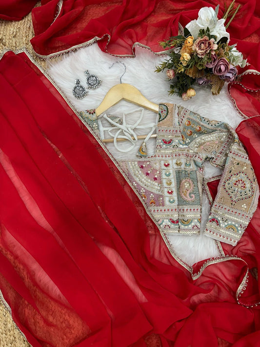 Quintessential Red Georgette Silk Saree With Embroidery Work Blouse Piece