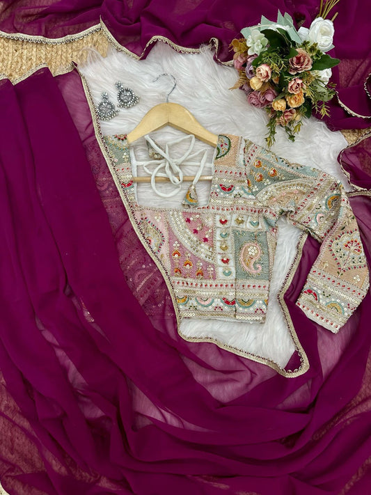 Incomparable Wine Georgette Silk Saree With Embroidery Work Blouse Piece