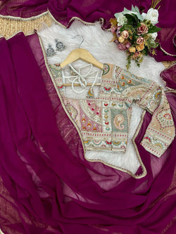 Incomparable Wine Georgette Silk Saree With Embroidery Work Blouse Piece