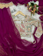 Incomparable Wine Georgette Silk Saree With Embroidery Work Blouse Piece
