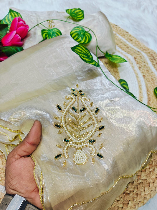 Angelic Beige Hand Work Jimmy Choo Silk Saree With Stunning Blouse Piece