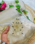 Angelic Beige Hand Work Jimmy Choo Silk Saree With Stunning Blouse Piece