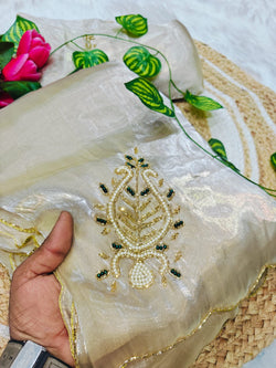 Angelic Beige Hand Work Jimmy Choo Silk Saree With Stunning Blouse Piece