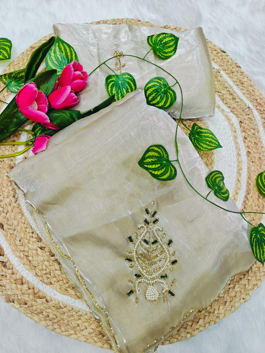 Angelic Beige Hand Work Jimmy Choo Silk Saree With Stunning Blouse Piece