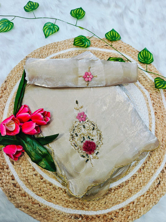 Enamoring Beige Hand Work Jimmy Choo Silk Saree With Prominent Blouse Piece