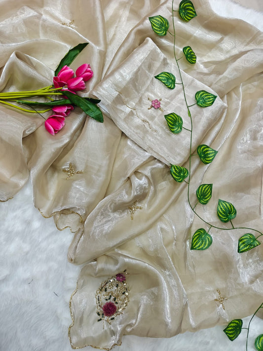 Enamoring Beige Hand Work Jimmy Choo Silk Saree With Prominent Blouse Piece