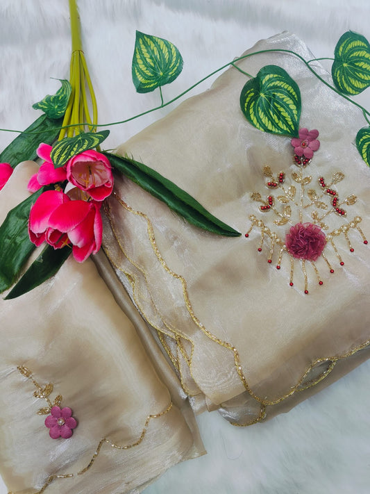Incredible Beige Hand Work Jimmy Choo Silk Saree With Lissome Blouse Piece
