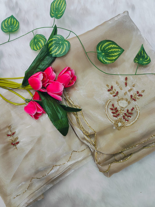 Winsome Beige Jimmy Choo Hand Work Saree