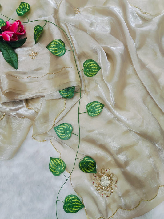Supernal Beige Jimmy Choo Hand Work Saree