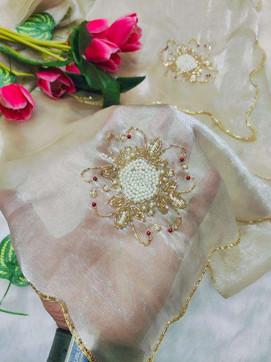 Supernal Beige Jimmy Choo Hand Work Saree
