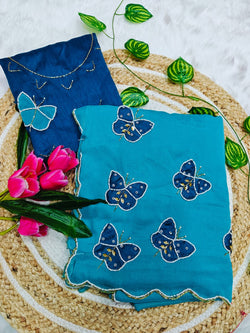 Trendy Firozi Georgette Butterfly Hand Work Saree