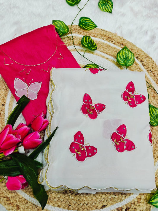 Captivating Off White Georgette Butterfly Hand Work Saree
