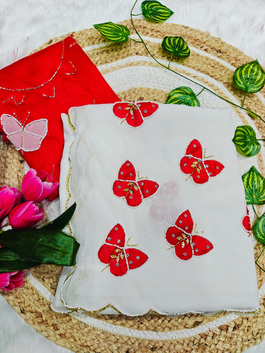 Designer Off White Georgette Butterfly Hand Work Saree
