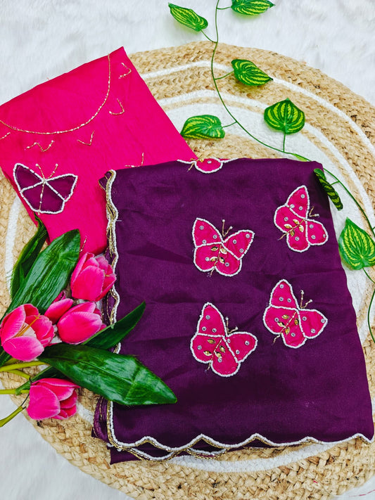 Comely Purple Georgette Butterfly Hand Work Saree