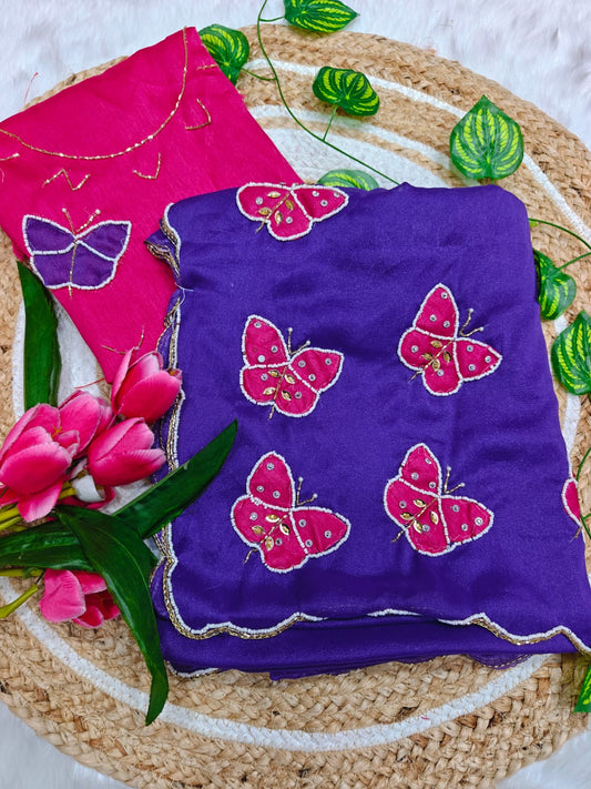 Luxuriant Royal Blue Georgette Butterfly Hand Work Saree