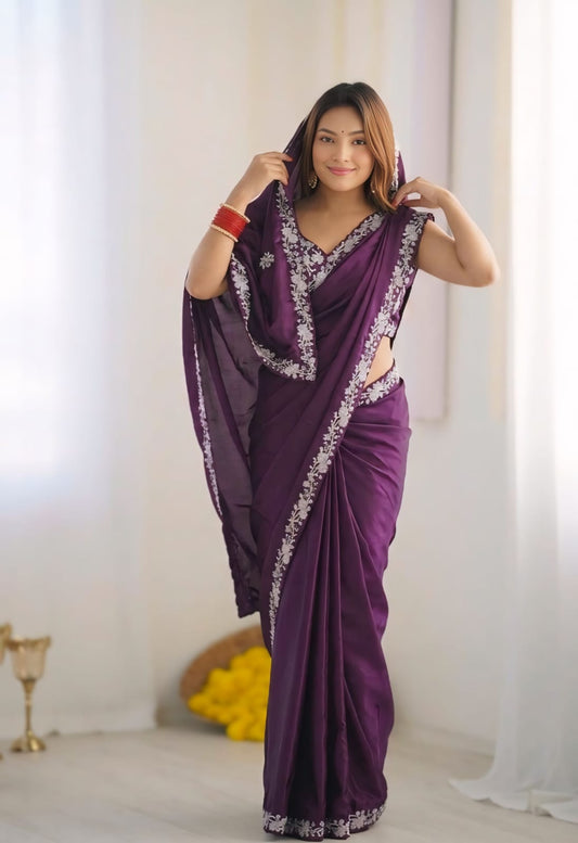 Amazing Purple Rangoli Silk Sequence Embroidery Work Saree With Stitched Blouse