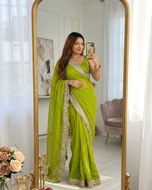 Elegant Green Moss Silk Zari Woven Fancy Lace Border Saree