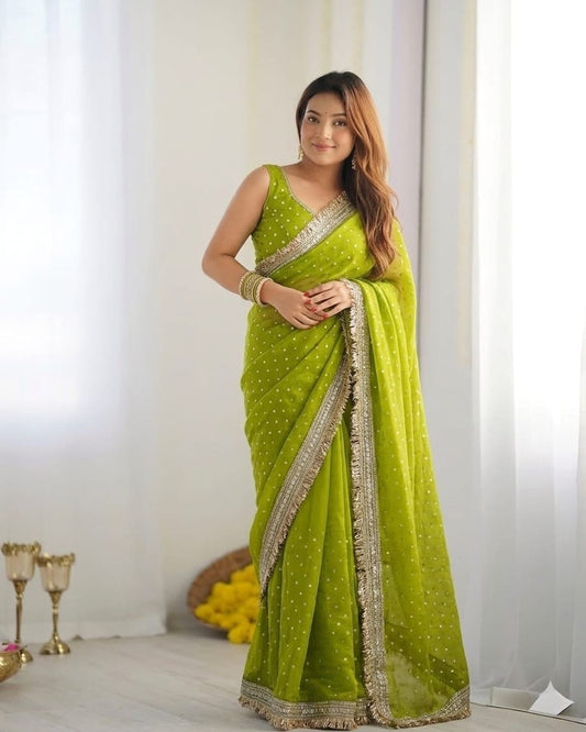 Elegant Green Moss Silk Zari Woven Fancy Lace Border Saree