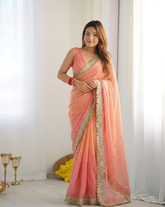 Engrossing Peach Moss Silk Zari Woven Fancy Lace Border Saree
