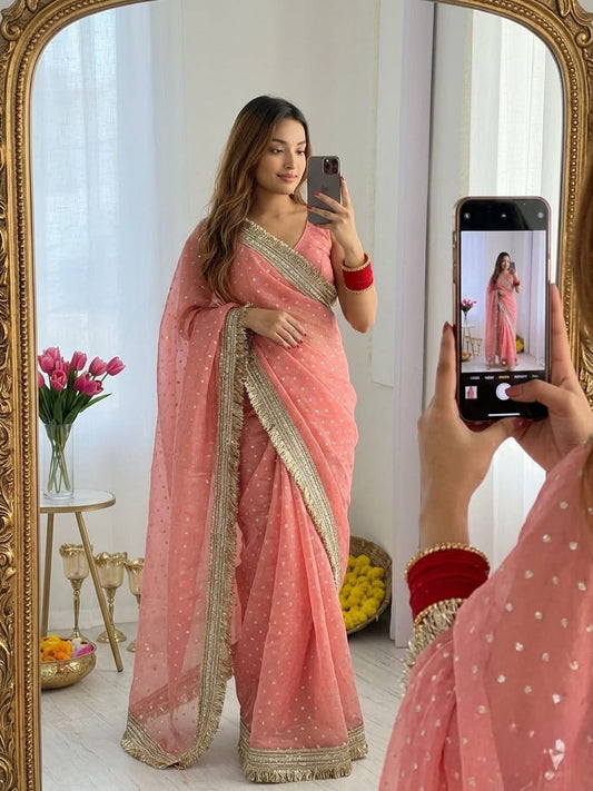 Engrossing Peach Moss Silk Zari Woven Fancy Lace Border Saree