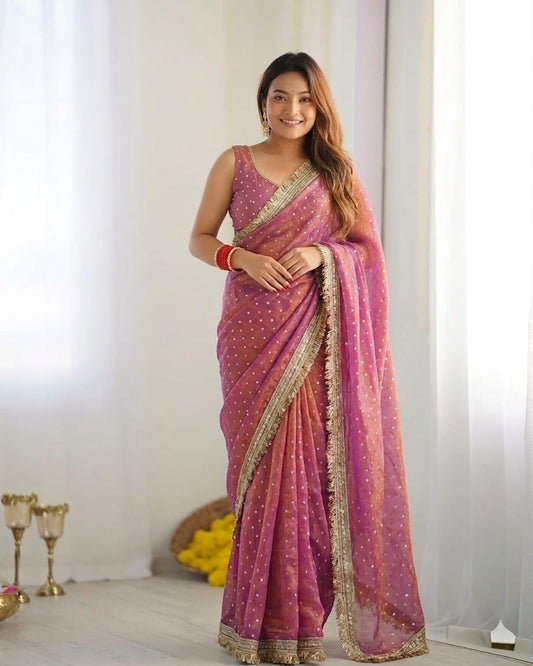 Scintillating Pink Moss Silk Zari Woven Fancy Lace Border Saree