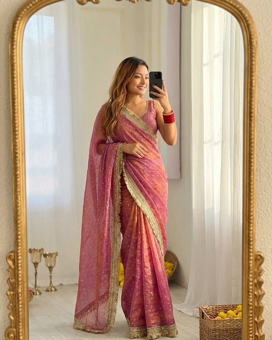Scintillating Pink Moss Silk Zari Woven Fancy Lace Border Saree