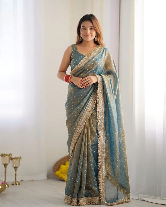 Zephyr Rama Moss Silk Zari Woven Fancy Lace Border Saree