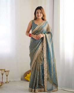 Zephyr Rama Moss Silk Zari Woven Fancy Lace Border Saree