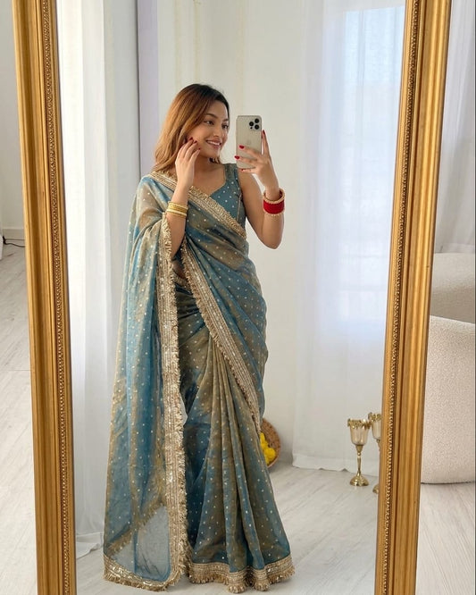 Zephyr Rama Moss Silk Zari Woven Fancy Lace Border Saree