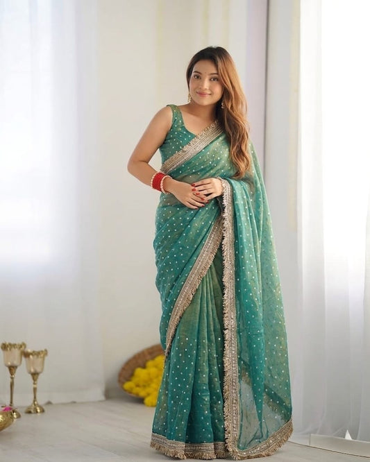 Lassitude Sea Green Moss Silk Zari Woven Fancy Lace Border Saree