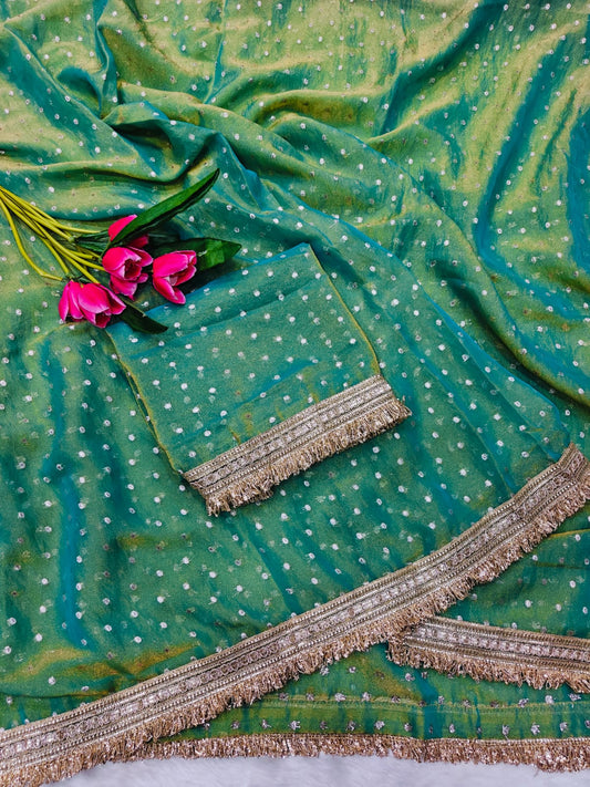 Lassitude Sea Green Moss Silk Zari Woven Fancy Lace Border Saree