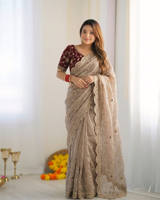 Blissful Beige Fendy Silk Sequence Embroidery Work Saree With Stitched Blouse