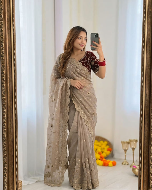 Blissful Beige Fendy Silk Sequence Embroidery Work Saree With Stitched Blouse