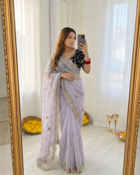 Redolent Lavender Fendy Silk Sequence Embroidery Work Saree With Stitched Blouse