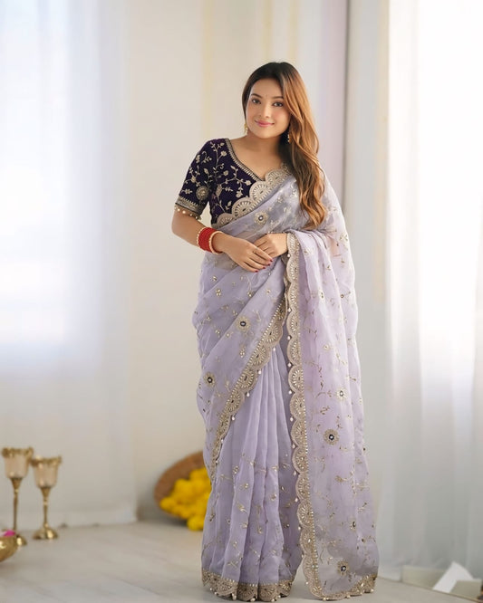 Redolent Lavender Fendy Silk Sequence Embroidery Work Saree With Stitched Blouse