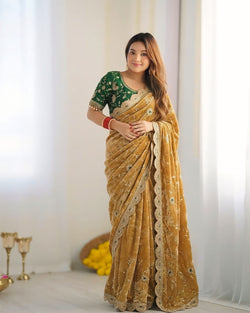 Ornate Mustard Fendy Silk Sequence Embroidery Work Saree With Stitched Blouse