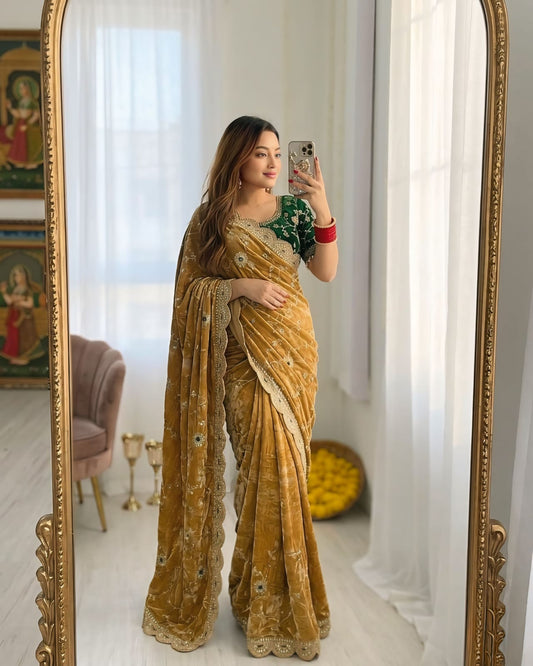 Ornate Mustard Fendy Silk Sequence Embroidery Work Saree With Stitched Blouse
