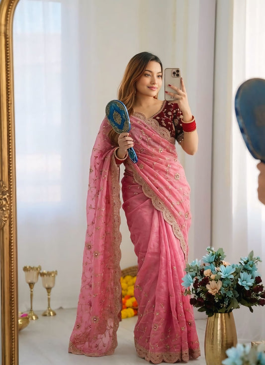 Artistic Pink Fendy Silk Sequence Embroidery Work Saree With Stitched Blouse