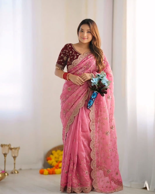 Artistic Pink Fendy Silk Sequence Embroidery Work Saree With Stitched Blouse