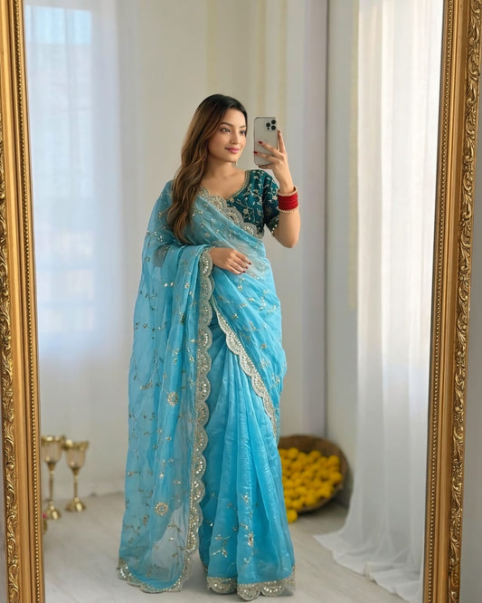 Prettiest Sky Fendy Silk Sequence Embroidery Work Saree With Stitched Blouse