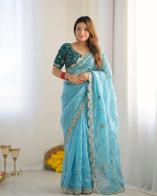 Prettiest Sky Fendy Silk Sequence Embroidery Work Saree With Stitched Blouse